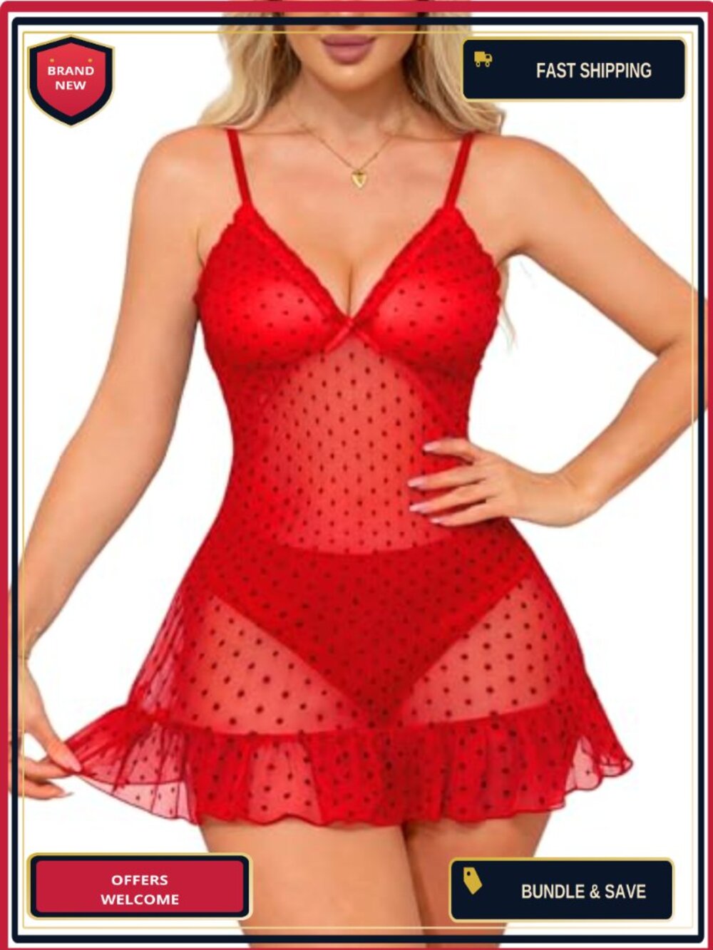 Mesh Sheer Babydoll Lingerie Dress Chemise Sleepwear with Thong
